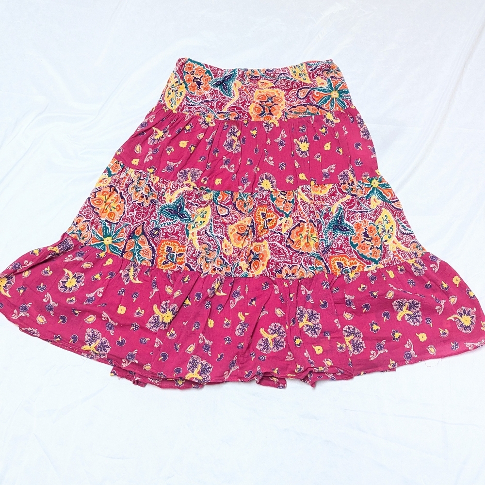 Chaps 100% Bright‎ Colorful Floral Tiered Pull On Boho Peasant Midi Skirt XS